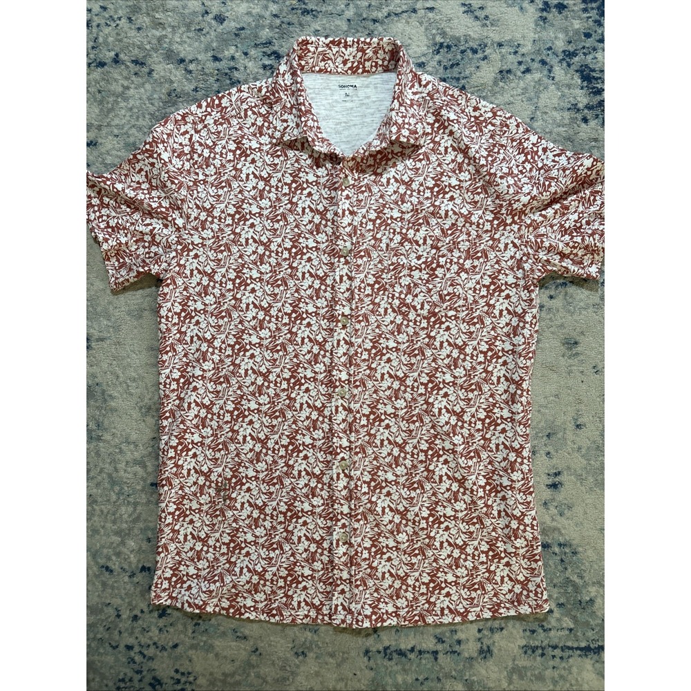 Sonoma Button Up Short Sleeve Goods For Life Shirt Rusty Floral Pocket Cot. EUC